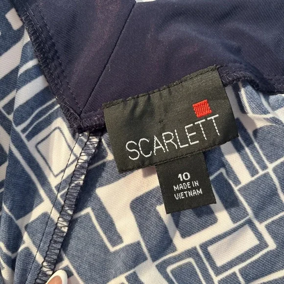 SCARLETT Women Size 10 Multicolor V Neck 3/4 Sleeve A Line Dress Stretchy Navy - Picture 4 of 5